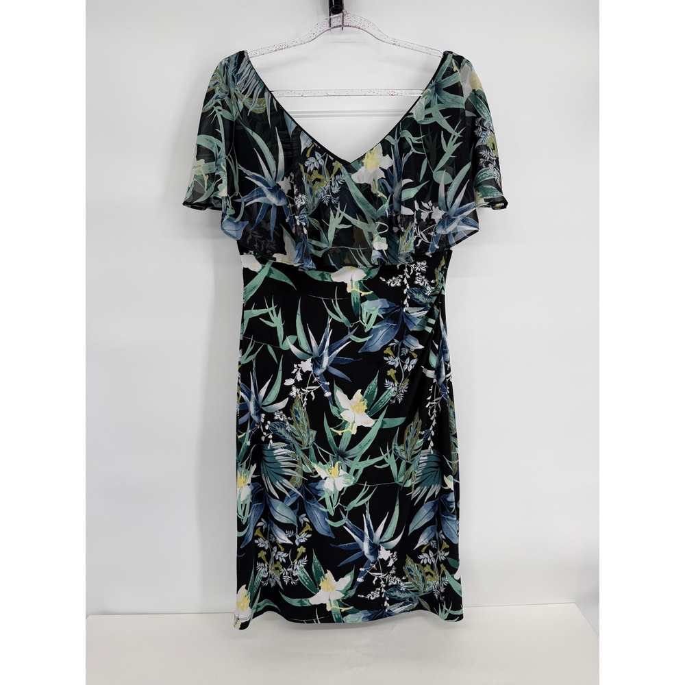 Connected Apparel Womens Tropical Floral Flutter Sleeve Sheath Dress Black Sz 12